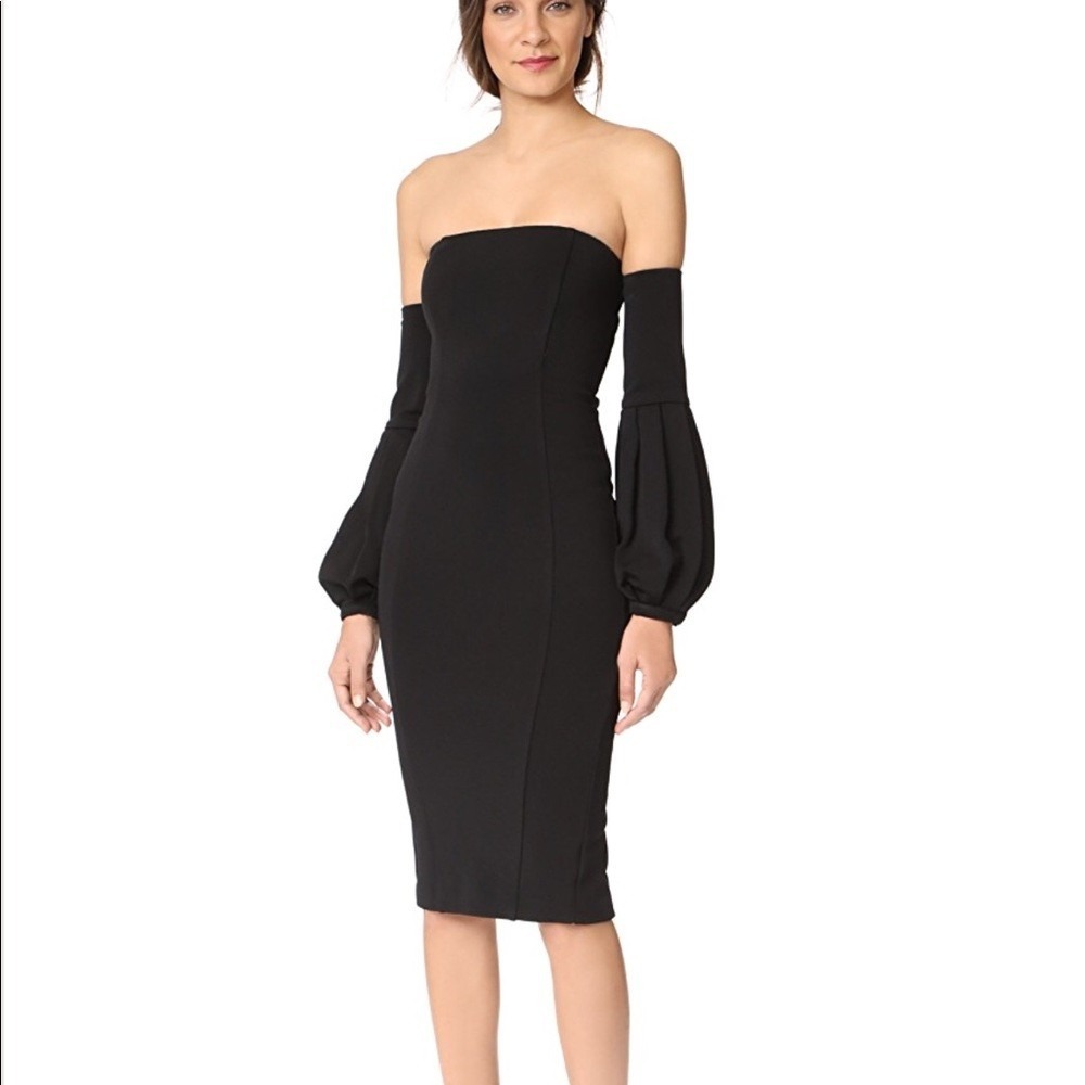 Misha Collection Merena Black Off Shoulder Pleated Puff Sleeve Midi Dress US 2